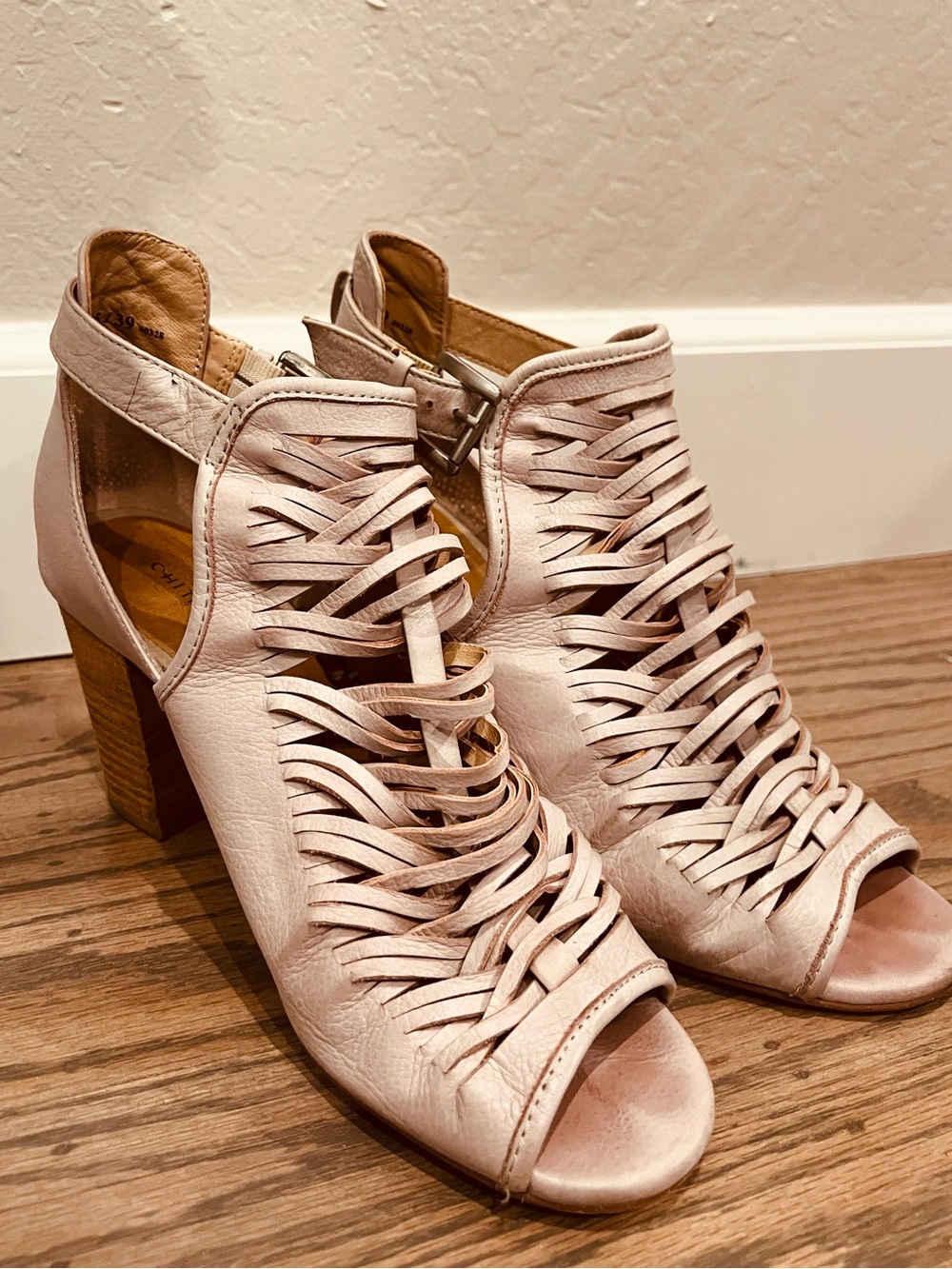 Chinese Laundry Blush Woven Peep-Toe Block Heels
